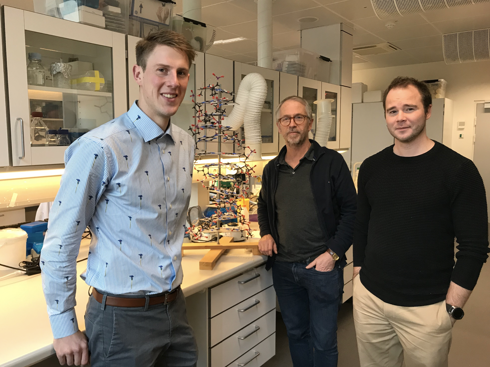 The researchers from Aarhus University behind the scientific article (from left): Rasmus P. Thomsen, Jørgen Kjems and Rasmus Schøler Sørensen. Photo: Anne Færch Nielsen/AU.